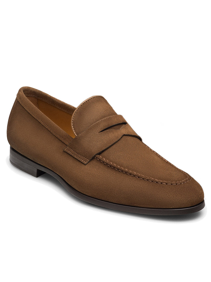 Magnanni Diezma in Taupe Suede, a handmade penny loafer featuring taupe suede, low heel, and stitched detailing, crafted in Portugal and shown on a white background.