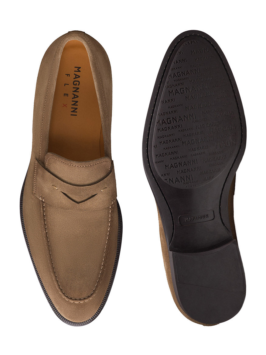 The Magnanni Garner in Taupe Suede loafers are shown from top and bottom, featuring a rubber sole embossed with the brand name—ideal smart-casual shoes for any occasion.