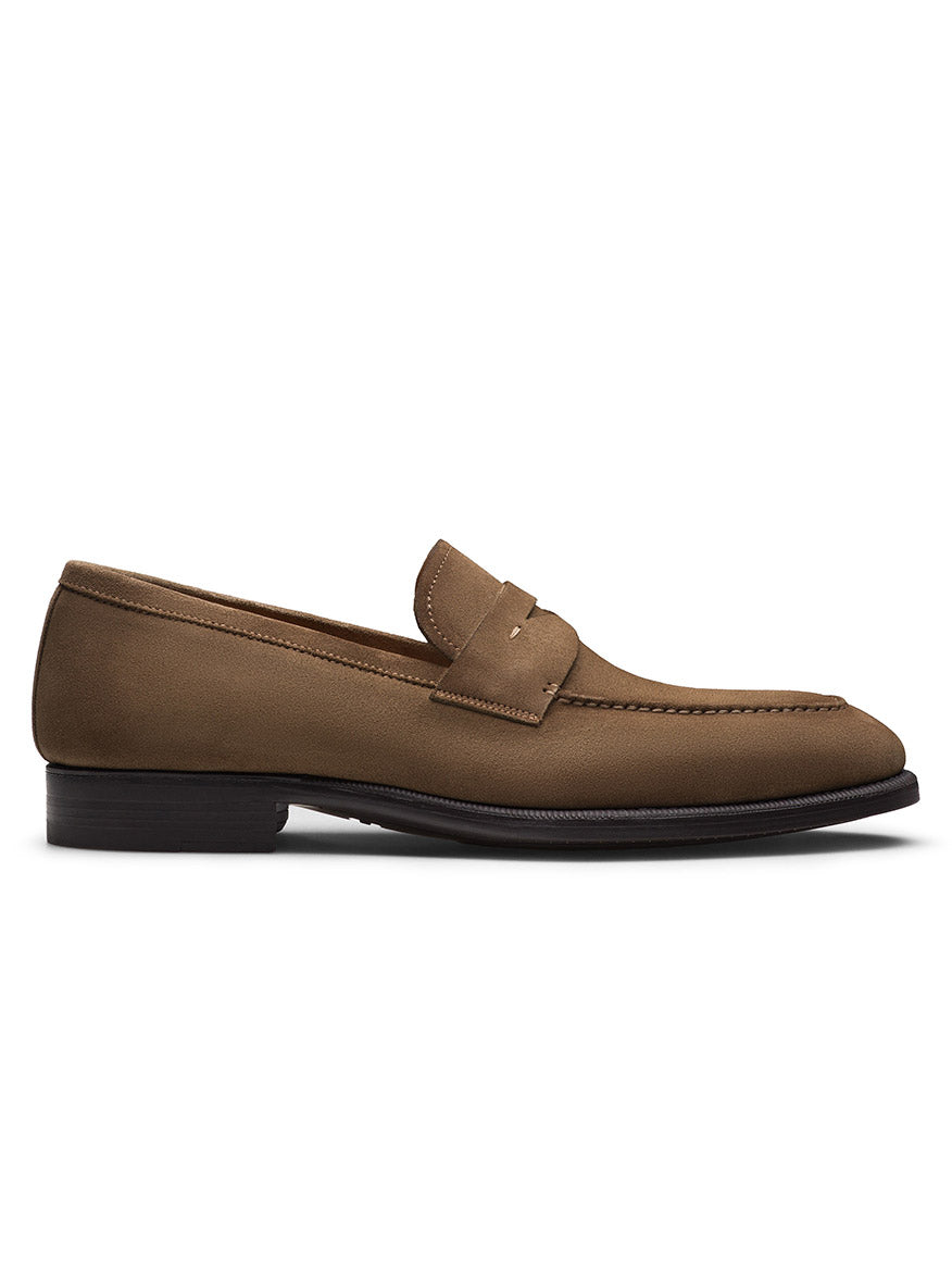 Magnanni Garner in Taupe Suede shown in side profile, featuring visible stitching and a low black heel. This smart-casual loafer offers timeless style against a white background.