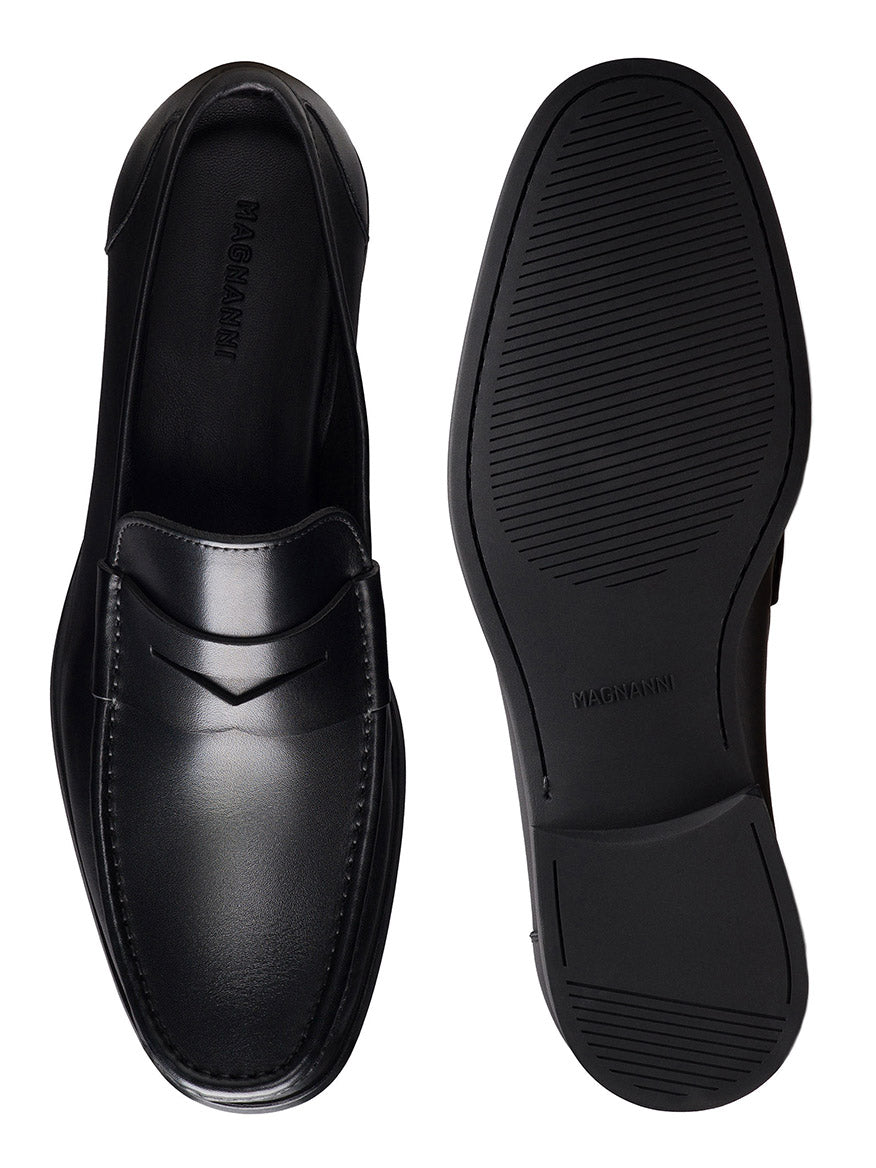 The Magnanni Gentry Soft Penny in Black, crafted from black leather with moccasin construction, is shown from the top and bottom to display its stitching details, rubber outsoles, and the visible "Magnanni" brand name.