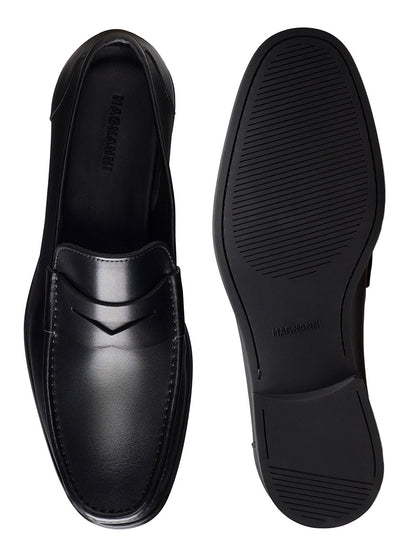 The Magnanni Gentry Soft Penny in Black, crafted from black leather with moccasin construction, is shown from the top and bottom to display its stitching details, rubber outsoles, and the visible "Magnanni" brand name.