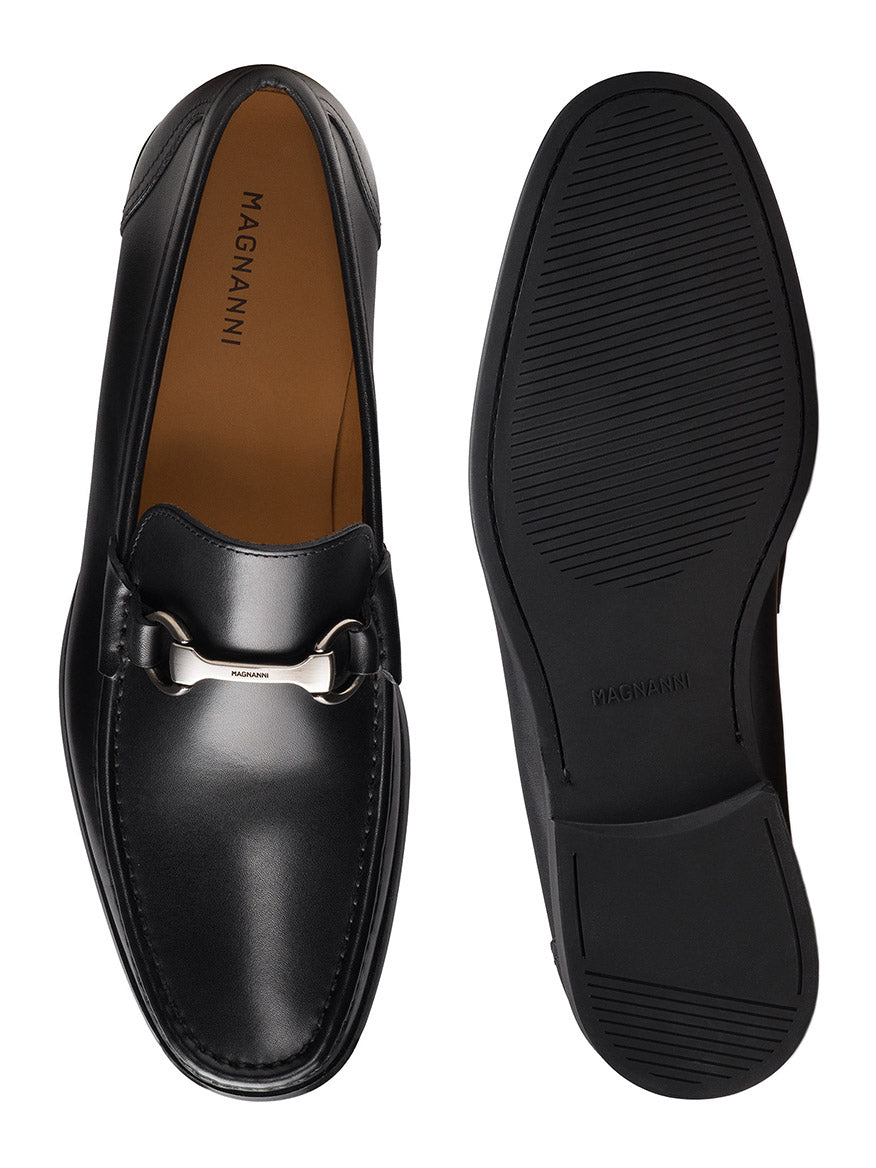 The Magnanni Gentry in Black features a leather upper and metal bit detail, shown from top and bottom views against a white background.
