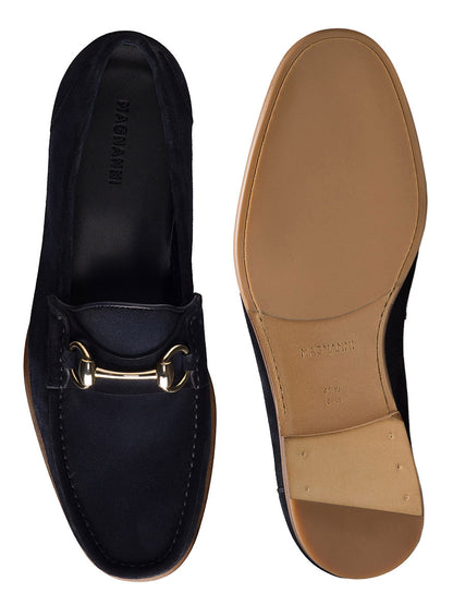 A pair of Magnanni Giancarlo navy suede loafers with gold metal detailing, made in Spain, shown from the top and bottom to highlight the design and sole.