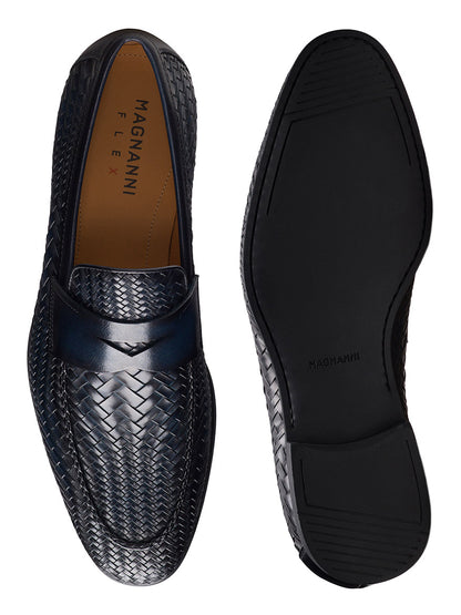 The Magnanni Halwell in Navy features woven leather, rubber soles, and is shown with one luxury loafer displayed from the top and the other from the bottom.