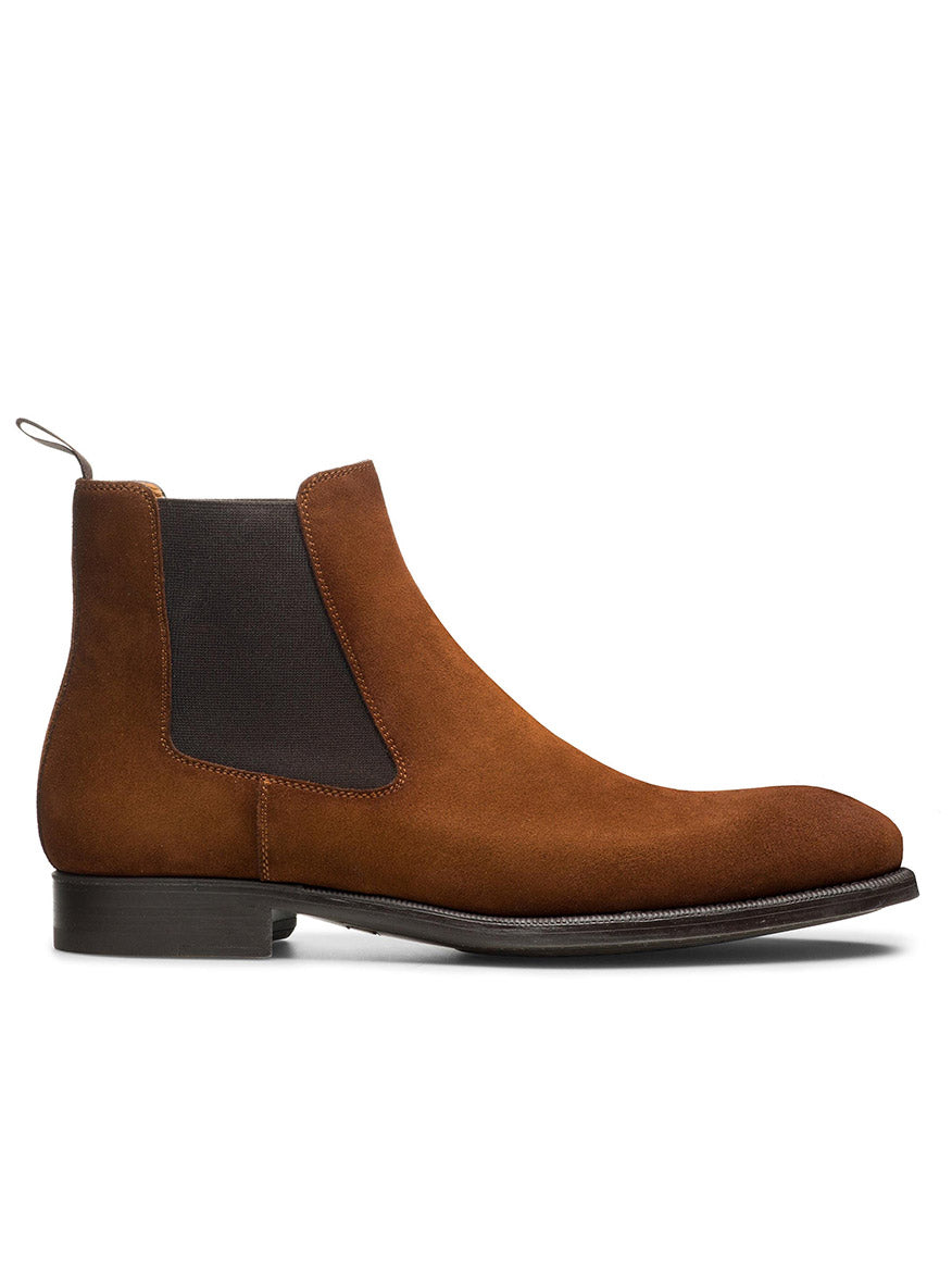 The Magnanni Hanson in Cognac Suede, a men's brown sued Chelsea boot with a modern look, designed by Hanson.