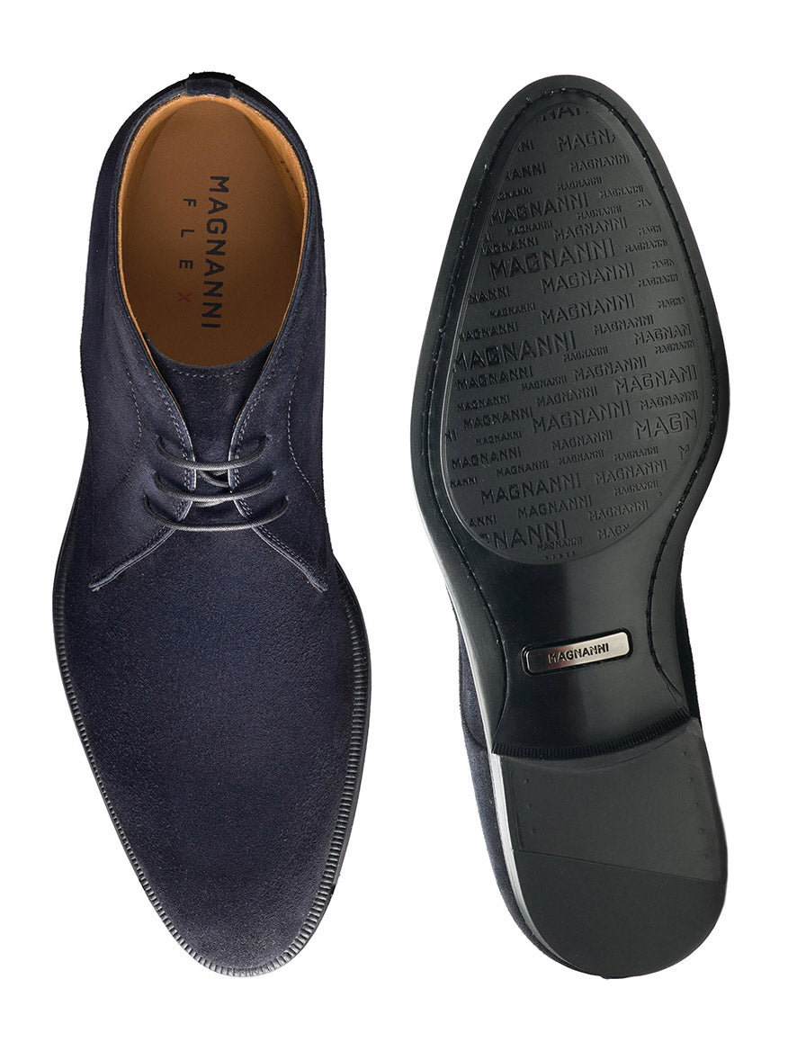 Top and bottom views of a navy blue Magnanni Harvy in Navy Suede showcasing the leather upper and branded sole.
