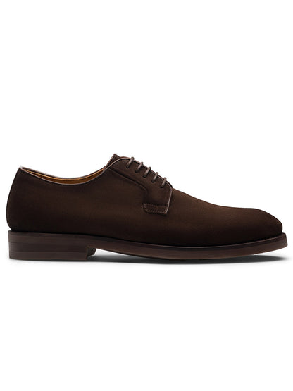 The Magnanni Lanai in Midbrown Suede is a refined dress shoe featuring a low heel, lace-up design, and cushioned footbed, making it perfect for smart-casual derby occasions.