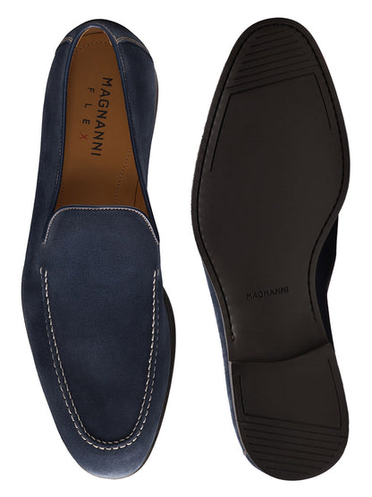 The Magnanni Lecera II in Navy Suede, crafted in Spain, features a leather upper with white contrast stitching, a rubber sole, and is shown from the top and bottom.