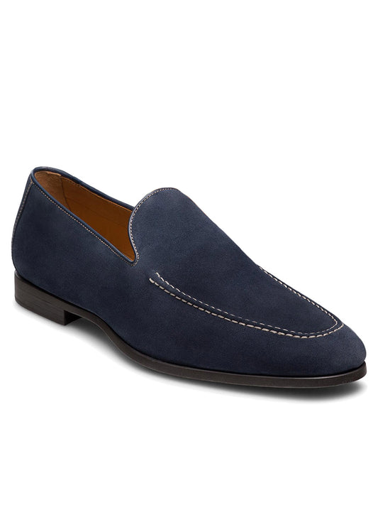 Magnanni Lecera II in Navy Suede: Venetian loafer with white stitching, rounded toe, low heel, brown leather lining, and premium suede upper. Expertly crafted in Spain.