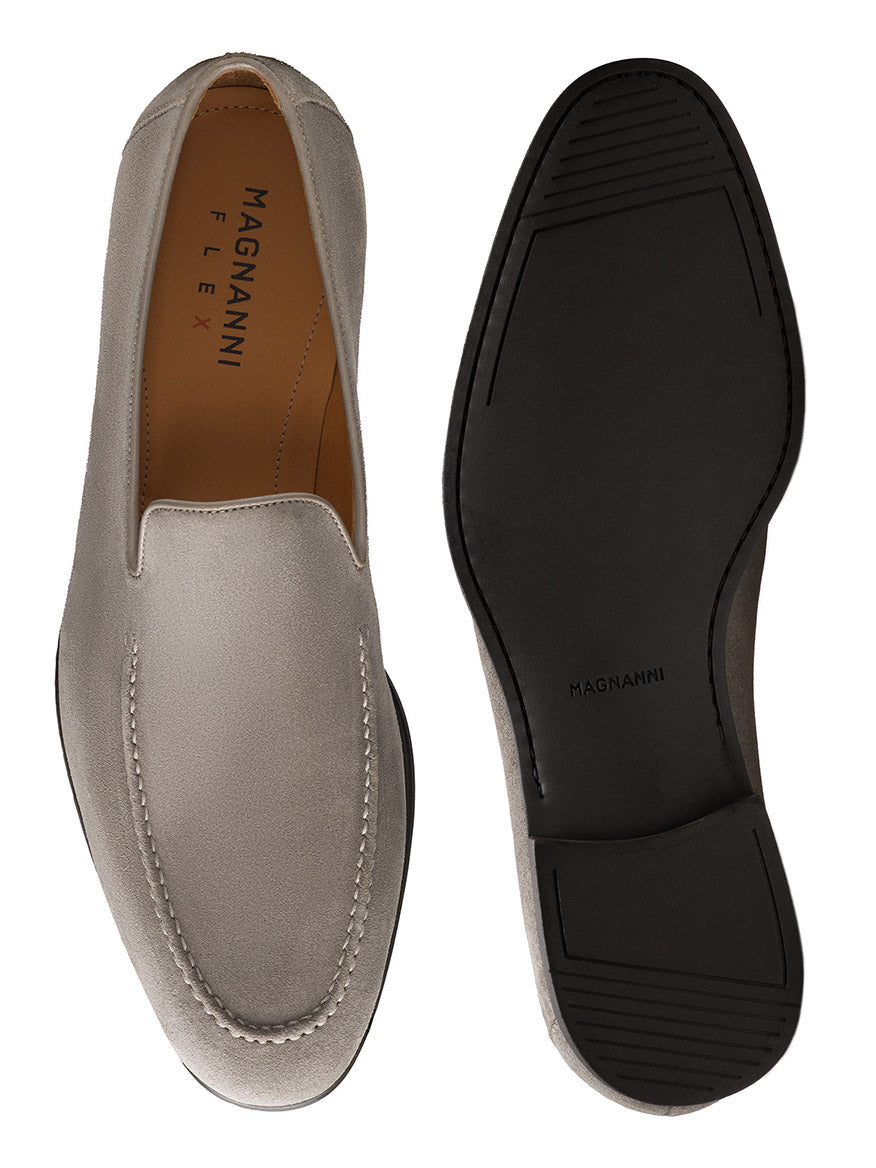 A pair of Magnanni Lecera II in Tierra Suede loafers, made in Spain, shown from the top and bottom, highlighting the stitched suede upper and black rubber sole.
