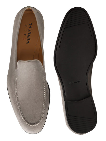 A pair of Magnanni Lecera II in Tierra Suede loafers, made in Spain, shown from the top and bottom, highlighting the stitched suede upper and black rubber sole.
