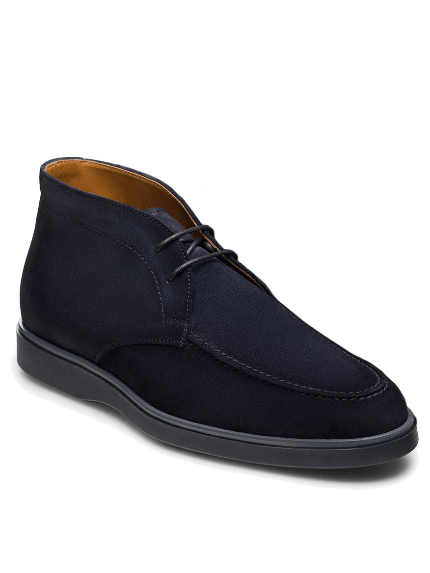 Magnanni Lello in Navy Suede, a handmade Portuguese chukka boot with dark blue suede uppers, lace-up closure, rounded toe, visible stitching, and a black rubber sole, shown on a plain white background.