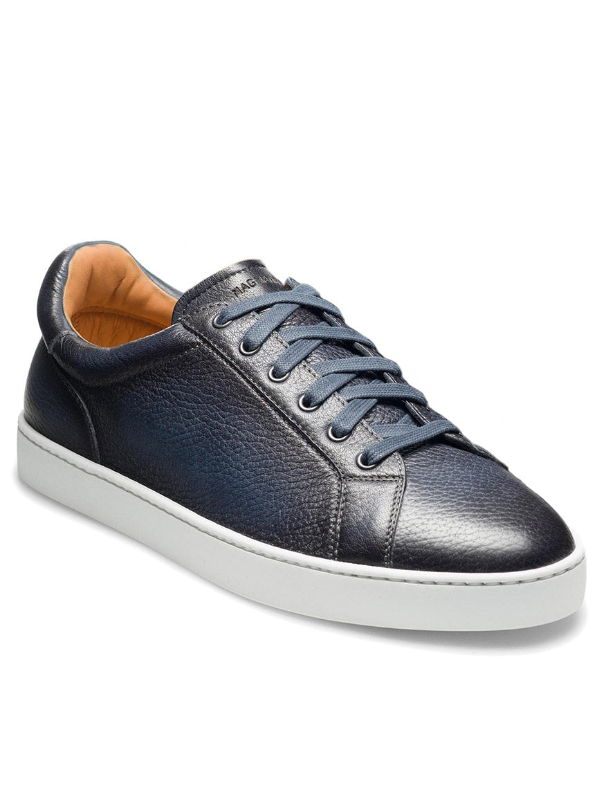 The men's Magnanni Leve in Navy leather cupsole fashion sneaker.