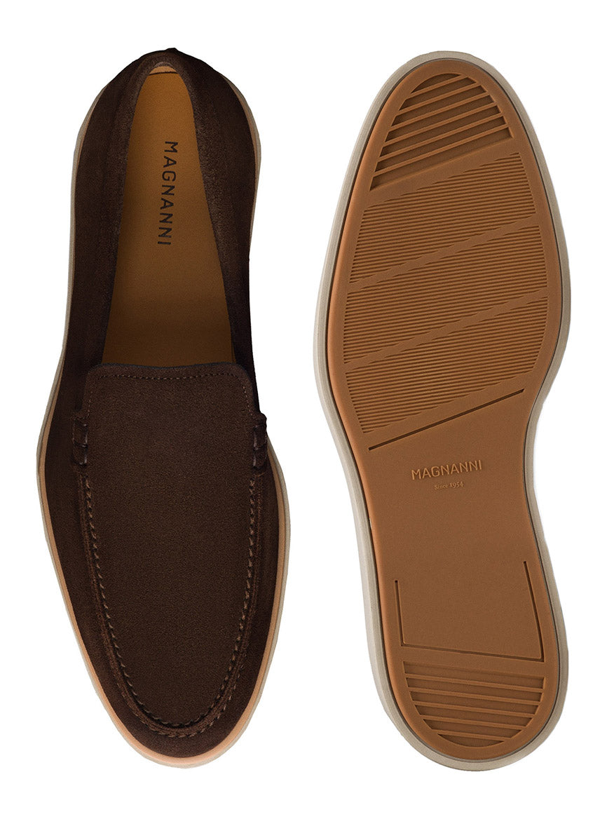 Top and bottom views of a pair of Magnanni Lourenco loafers in midbrown suede, featuring a beige rubber sole and cushioned footbed for all-day comfort.