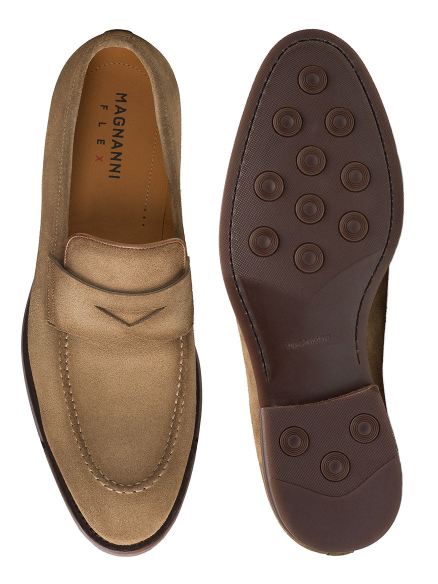 A pair of Magnanni Lucien loafers in taupe suede viewed from above and below, showcasing Magnanni Flex branding and elegant Bologna construction.