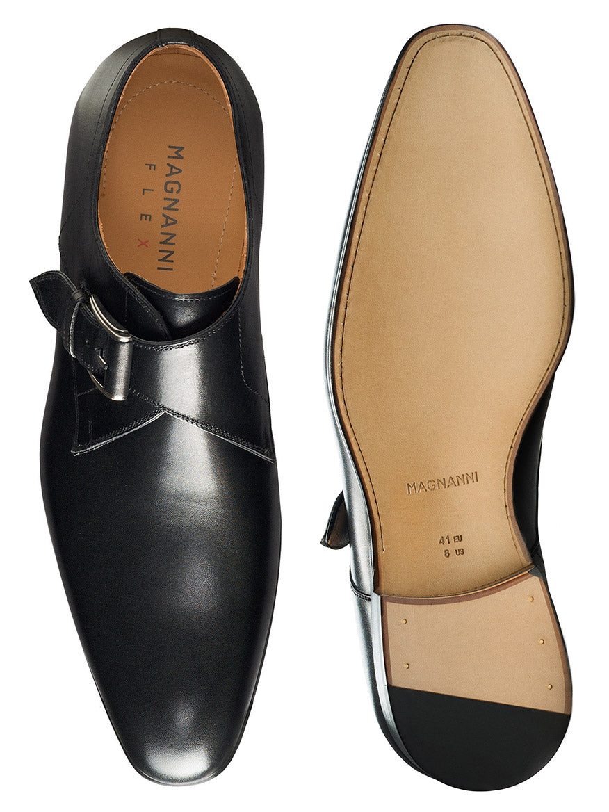 The Magnanni Mansfeld in Black is a single monk strap dress shoe, meticulously crafted from supple calfskin leather. Viewed from the top and bottom, this shoe features the brand "Magnanni Flex" on the insole and "Magnanni" along with size details on the sole. It is part of the Linea Flex Collection, offering a comfortable dress experience.