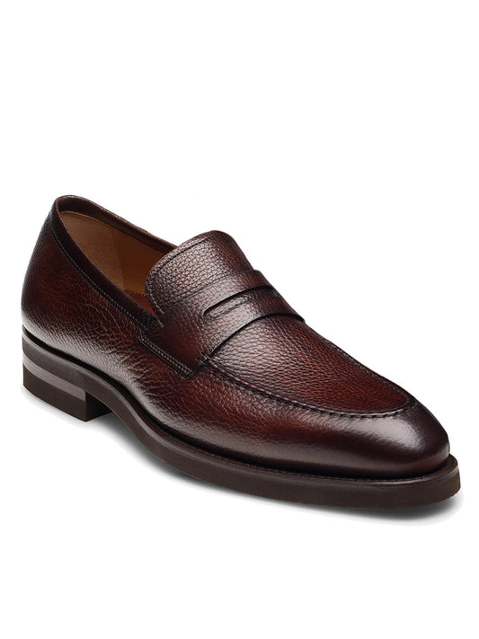 The Magnanni Matlin V in Tumbled Midbrown is a brown leather smart-casual loafer with a textured finish, low stacked heel, and almond-shaped toe, displayed on a white background.