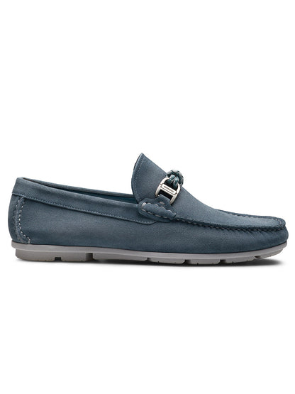 Magnanni Monterey Braid Bit in Cloud Suede men's slip-on loafer, featuring a silver buckle detail, visible stitching, and a light gray rubber sole, displayed in side profile.