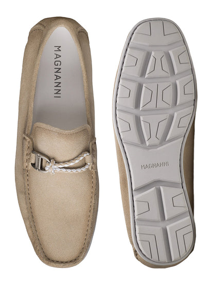 The Magnanni Monterey Braid Bit in Tierra Suede men's loafers are shown from the top and bottom, featuring braided leather detail and a white textured rubber sole.