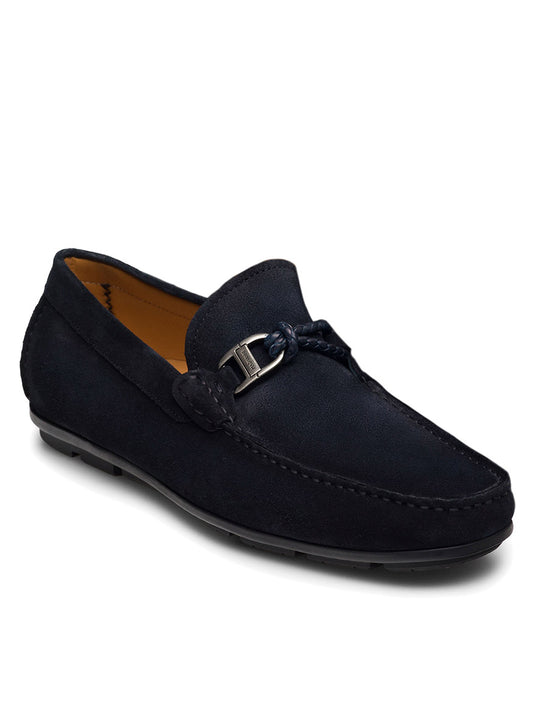 The Magnanni Monterey Braid Bit in Navy Suede is a slip-on driving loafer with a decorative buckle, braided leather detail, low heel, and soft sole.