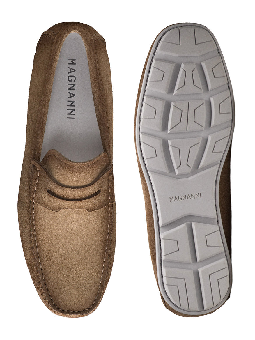 Magnanni Monterey Keeper in Roccia Suede penny loafers shown from top and sole views, featuring stitching details and a patterned rubber outsole.