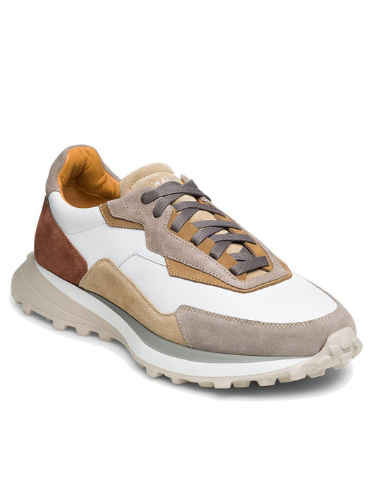 A single Magnanni Onyx sneaker in White/Taupe from the Tech Runner series featuring white, beige, and brown panels with brown laces and a chunky, white sole.