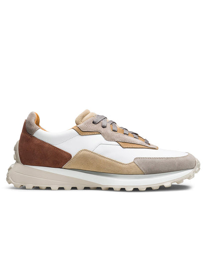 Side view of the Magnanni Onyx in White/Taupe from the Tech Runner series, featuring white, beige, and brown panels with mixed-media layers and a chunky sole.