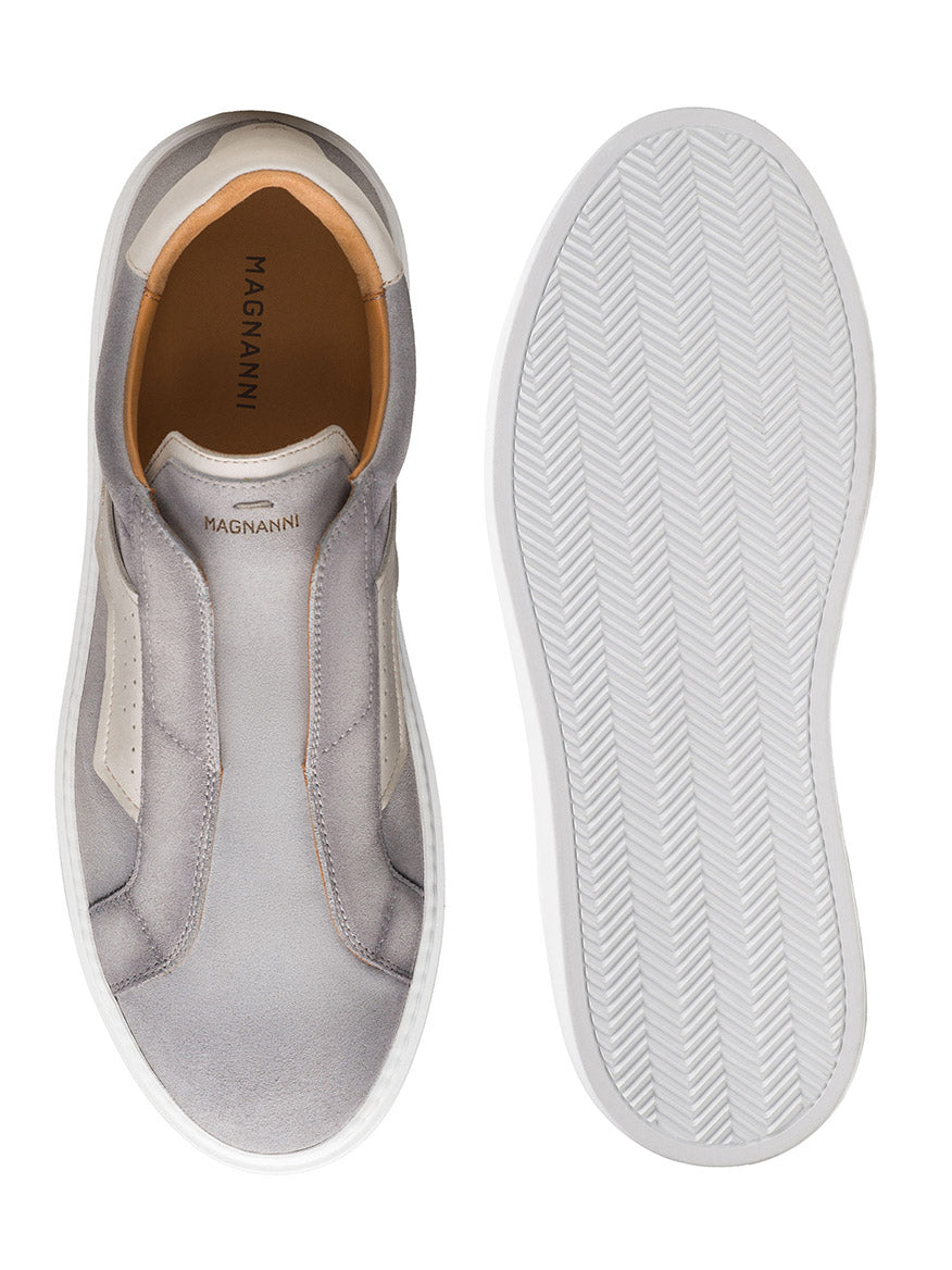 Top and bottom view of the Magnanni Phoenix Slip in Metal Suede & White, featuring gray suede, white rubber sole, "MAGNANNI" branding on the insole, and refined leather accents for a modern touch.