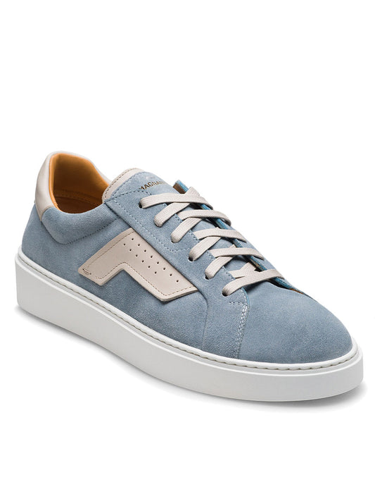 The Magnanni Phoenix in Sky Blue Suede/Cream is a sophisticated sneaker with light blue suede and beige leather accents, white laces, and a rubber sole, set against a white background.