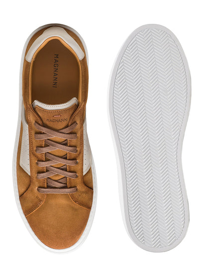 Top and bottom views of the Magnanni Phoenix in Segale Suede & Cream—a sophisticated brown suede sneaker with white accents, a white rubber sole, "MAGNANNI" branding on the insole, expertly made in Spain.
