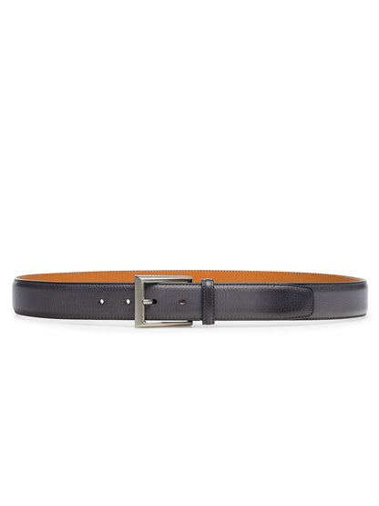 A gray Magnanni Rocas men's belt crafted from premium calfskin leather, featuring a sleek silver rectangular buckle and displayed flat against a white background.