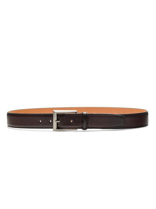Magnanni Rocas Belt in Midbrown tumbled calfskin leather with a silver buckle on a white background.