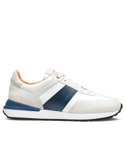 The Magnanni Sentro in White/Navy is a minimalist sneaker featuring white and beige full-grain leather, a navy stripe, white laces, and a black sole, shown from the side.