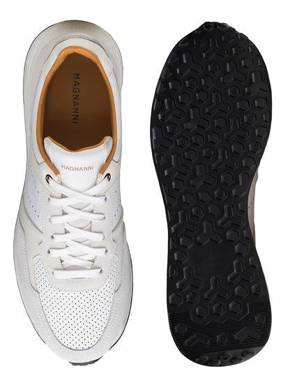 Image of the Magnanni Sona III in White Tech Runner sneaker. The sneaker is shown from the top and sole view, highlighting its lace-up design and black textured sport sole.