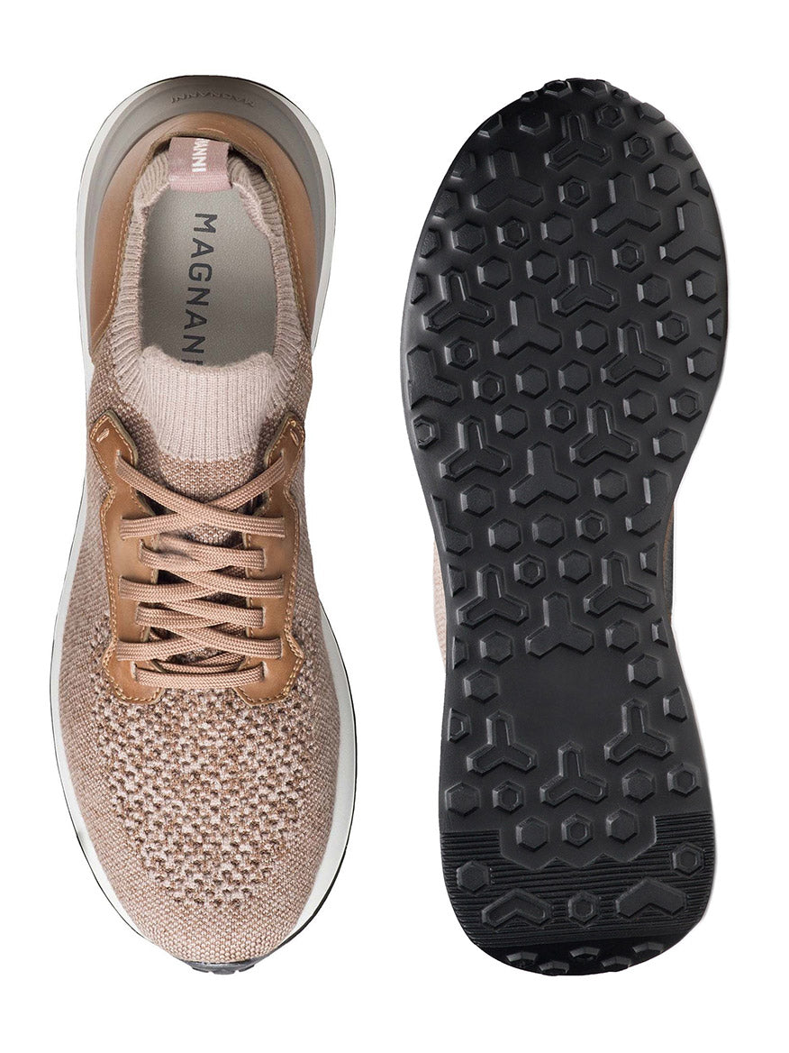 Top and bottom view of the Magnanni Stratus LyteKnit in Torba. The top features laces and knitted material, while the bottom shows a textured rubber sport sole designed for traction, complemented by a cushioned footbed for added comfort.