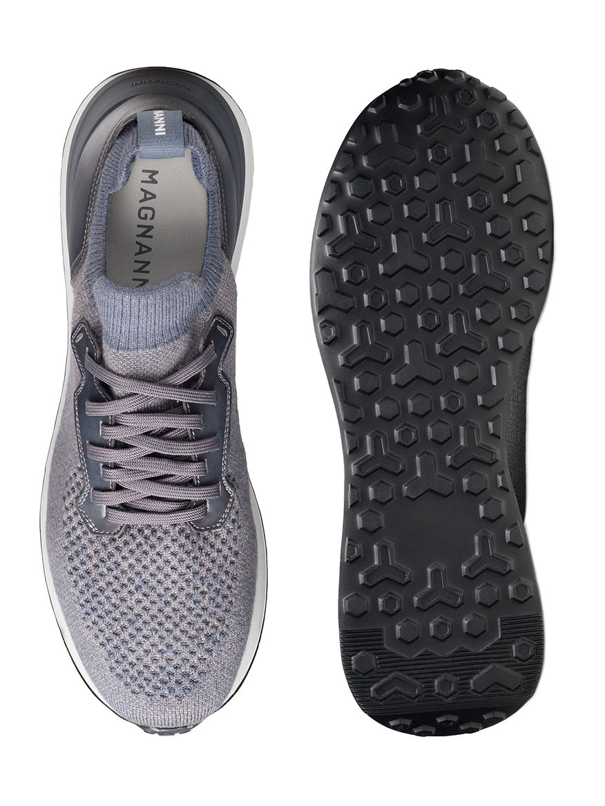 The Magnanni Stratus LyteKnit in Indigo sneakers feature a cushioned footbed, with the left shoe shown from above and the right displaying its modern sport sole.