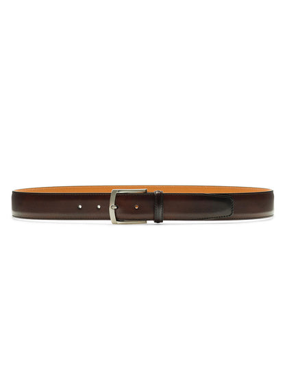 A Magnanni Tanner Belt in Tabaco with a silver curved buckle, made in Spain, laid out flat on a white background.