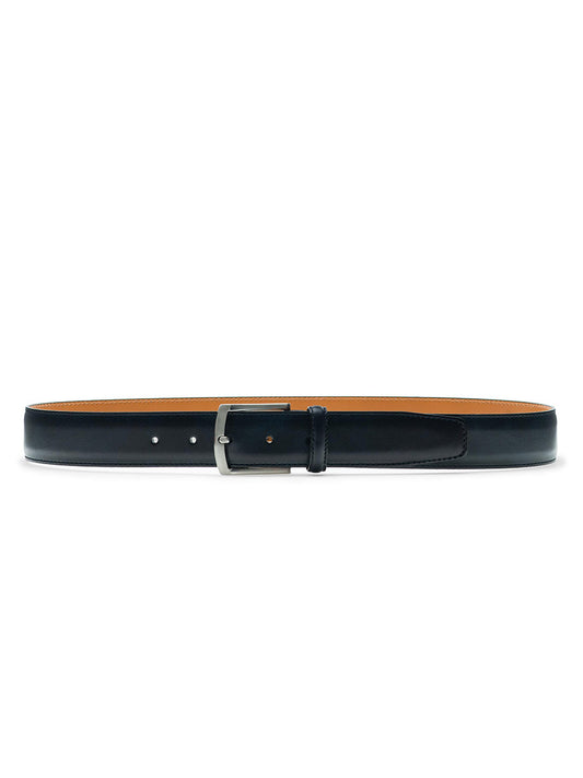 Navy calfskin leather Magnanni Tanner belt with a silver buckle on a white background.