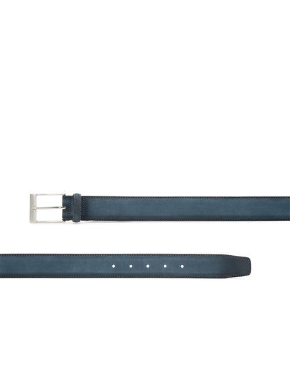 The Magnanni Telante Belt in Indigo Suede features a sleek silver rectangular buckle and multiple adjustment holes—a stylish choice to elevate any man's wardrobe.