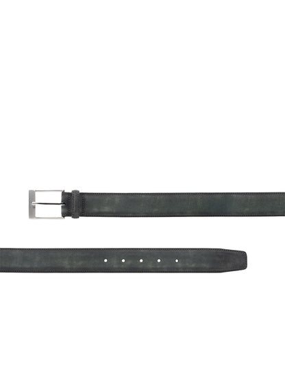 The Magnanni Telante Belt in Musgo Suede is crafted from black suede leather, featuring a silver rectangular buckle and multiple adjustment holes for a perfect fit.