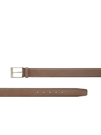 The Magnanni Telante Belt in Schore Suede showcases brown suede leather, a silver rectangular buckle, and five adjustment holes, shown from both front and back views.