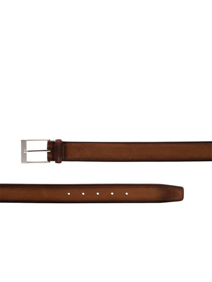 A Magnanni Telante Belt in Cognac Suede with a brushed nickel buckle on a white background.