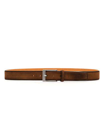 A brown leather Magnanni Telante Belt in Cognac Suede with a brushed nickel buckle on a white background.