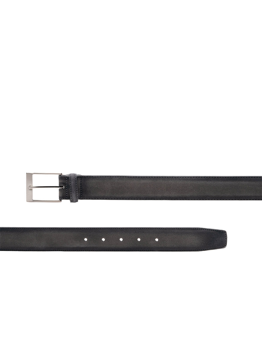 A Magnanni Telante Belt in Grey Suede with a brushed nickel buckle on a white background.