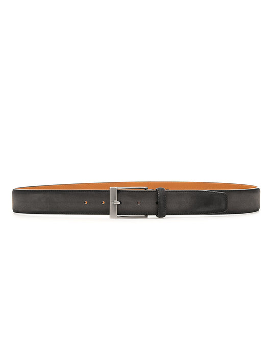 A Magnanni Telante Belt in Grey Suede on a white background.