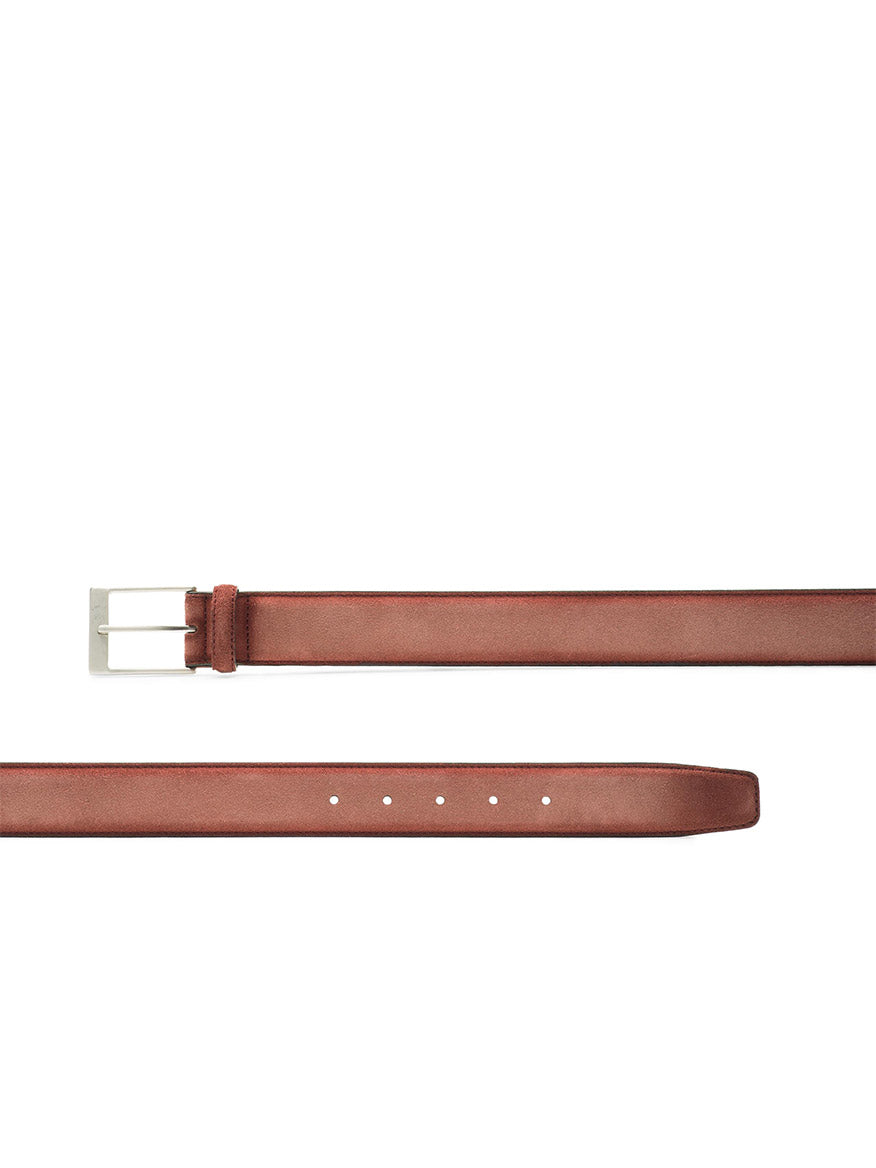 Brown suede Magnanni Telante Belt in Rosado Suede with brushed nickel buckle, laid out straight with holes visible, isolated on a white background.