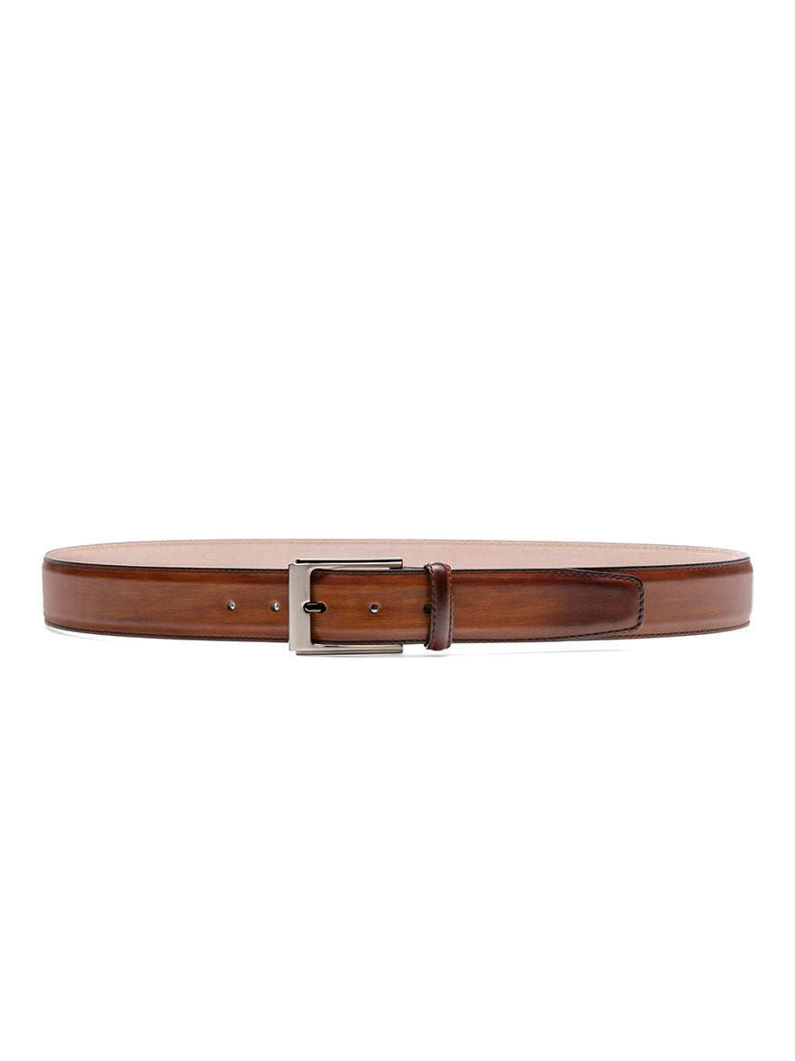 A brown Magnanni Vega Belt in Cuero with a polished nickel buckle, centered on a white background.