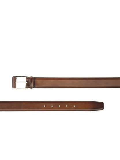 The Magnanni Velaz Belt in Tabaco, crafted in Spain from fine calfskin leather, showcases a sleek silver buckle with five horizontal adjustment holes.