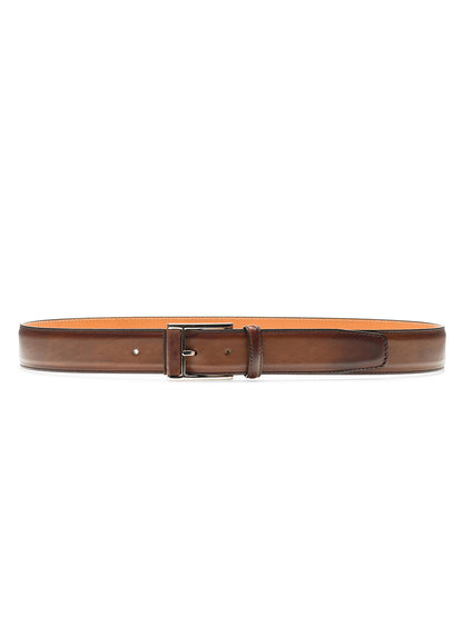 The Magnanni Velaz Belt in Tabaco, crafted in Spain from fine calfskin leather, features a smooth finish with a metal buckle and two visible holes.