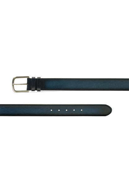 A sleek black Magnanni Wayne Belt in Navy, crafted from calfskin leather, featuring a silver buckle and several holes for adjustment, shown in two different angles. This casual staple is perfect for adding a touch of sophistication to your everyday outfits.